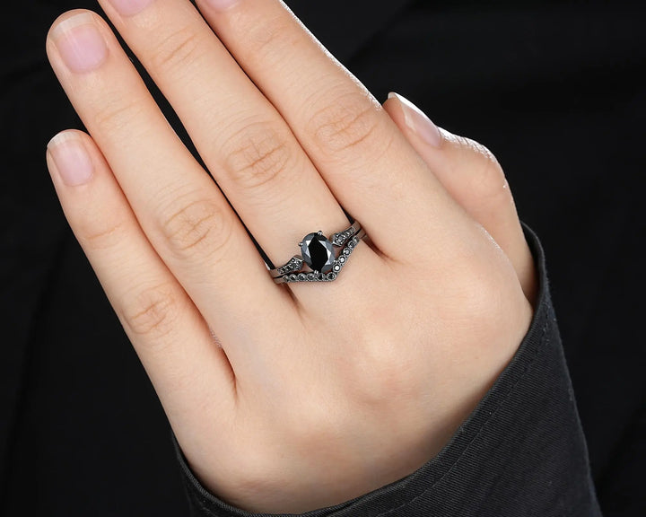 Gothic Oval Shape Black Moissanite Engagement Ring Set, Witchy Promise Ring, Gothic Black Rhodium Wedding Anniversary Gift for Women - ShainJewelry