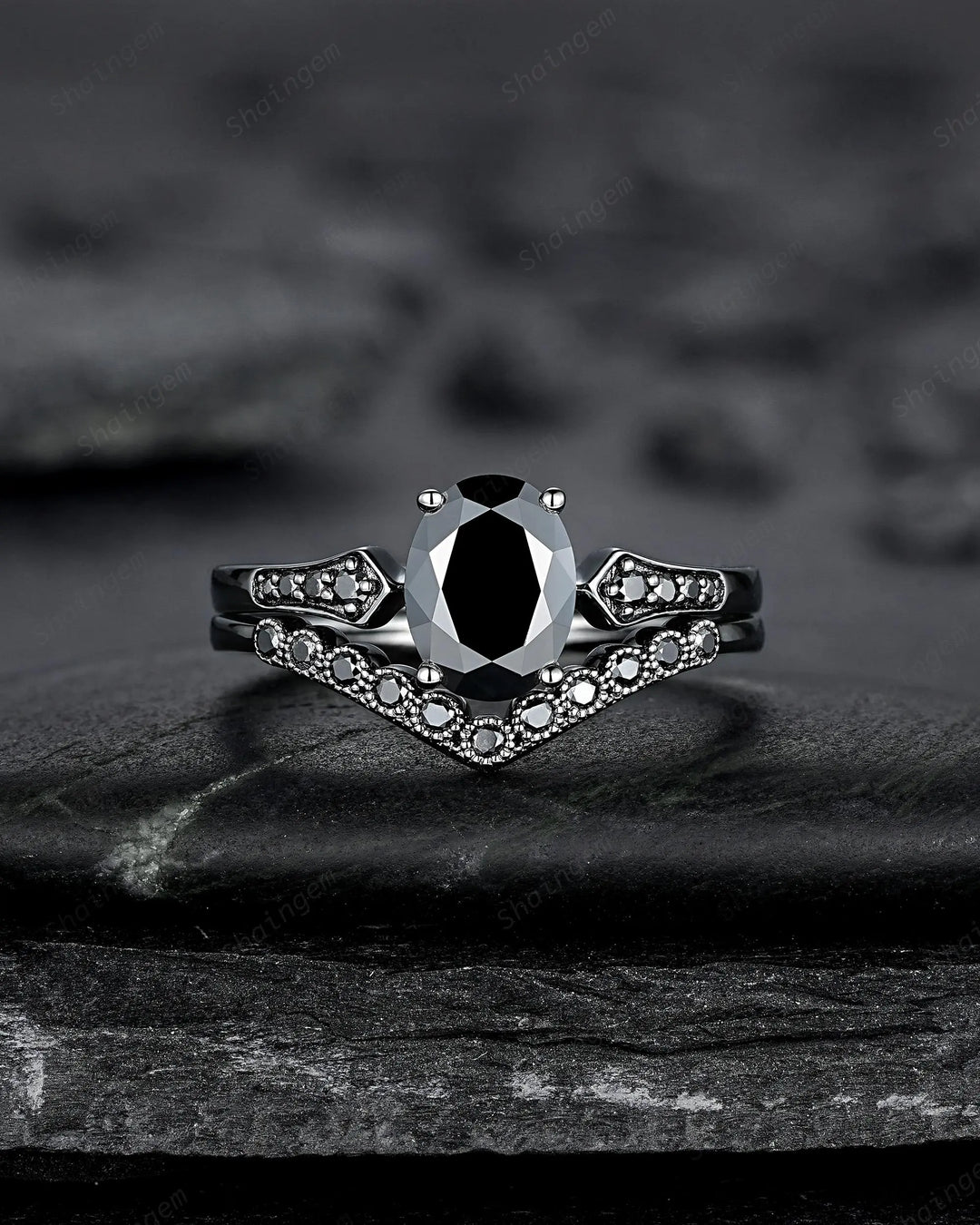 Gothic Oval Shape Black Moissanite Engagement Ring Set, Witchy Promise Ring, Gothic Black Rhodium Wedding Anniversary Gift for Women - ShainJewelry