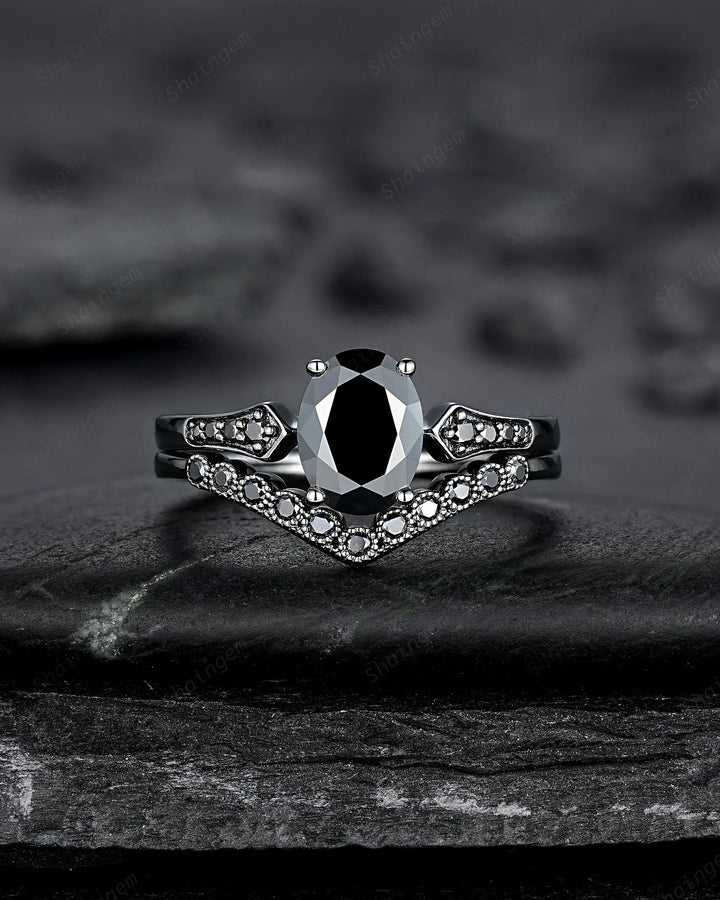 Gothic Oval Shape Black Moissanite Engagement Ring Set, Witchy Promise Ring, Gothic Black Rhodium Wedding Anniversary Gift for Women - ShainJewelry