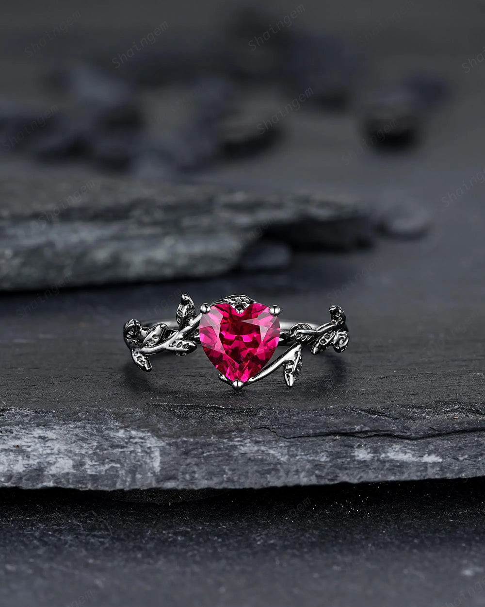 Gothic Heart Shape Ruby Engagement Ring: Dark Black Rhodium Twig Branch Promise Punk Vine Wedding Ring, Solitaire One Stone July Birthstone - ShainJewelry