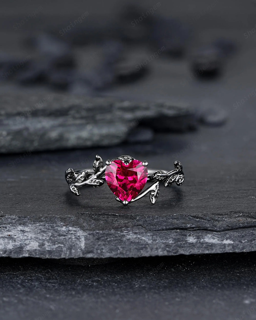 Gothic Heart Shape Ruby Engagement Ring: Dark Black Rhodium Twig Branch Promise Punk Vine Wedding Ring, Solitaire One Stone July Birthstone - ShainJewelry