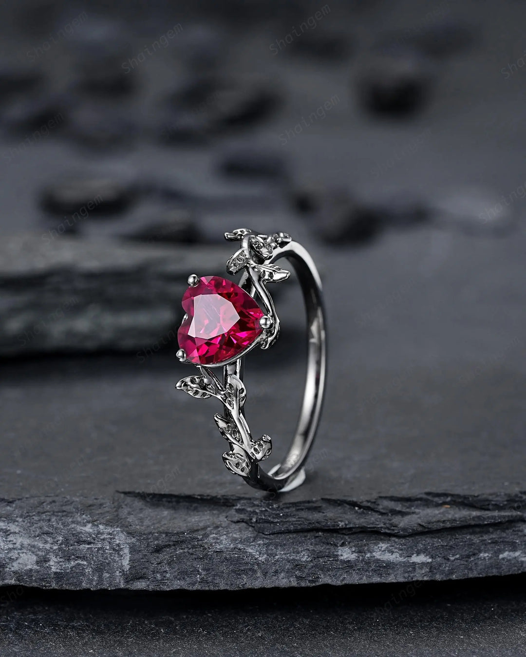 Gothic Heart Shape Ruby Engagement Ring: Dark Black Rhodium Twig Branch Promise Punk Vine Wedding Ring, Solitaire One Stone July Birthstone - ShainJewelry