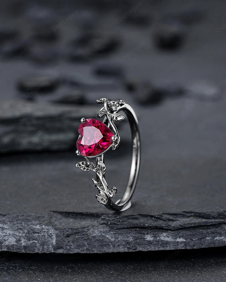 Gothic Heart Shape Ruby Engagement Ring: Dark Black Rhodium Twig Branch Promise Punk Vine Wedding Ring, Solitaire One Stone July Birthstone - ShainJewelry