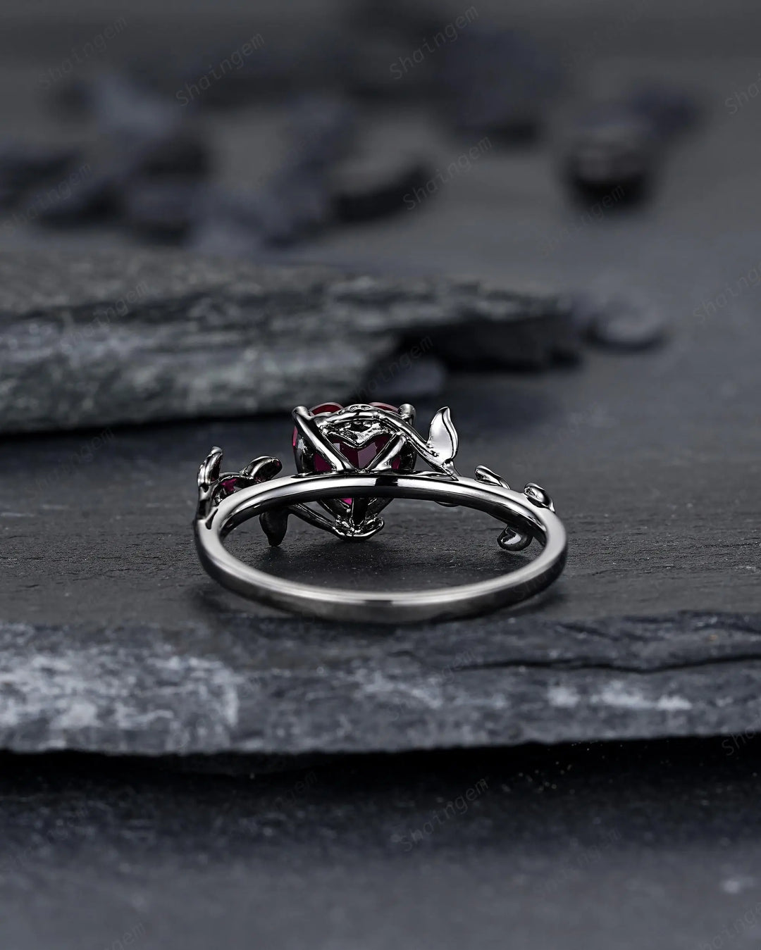 Gothic Heart Shape Ruby Engagement Ring: Dark Black Rhodium Twig Branch Promise Punk Vine Wedding Ring, Solitaire One Stone July Birthstone - ShainJewelry