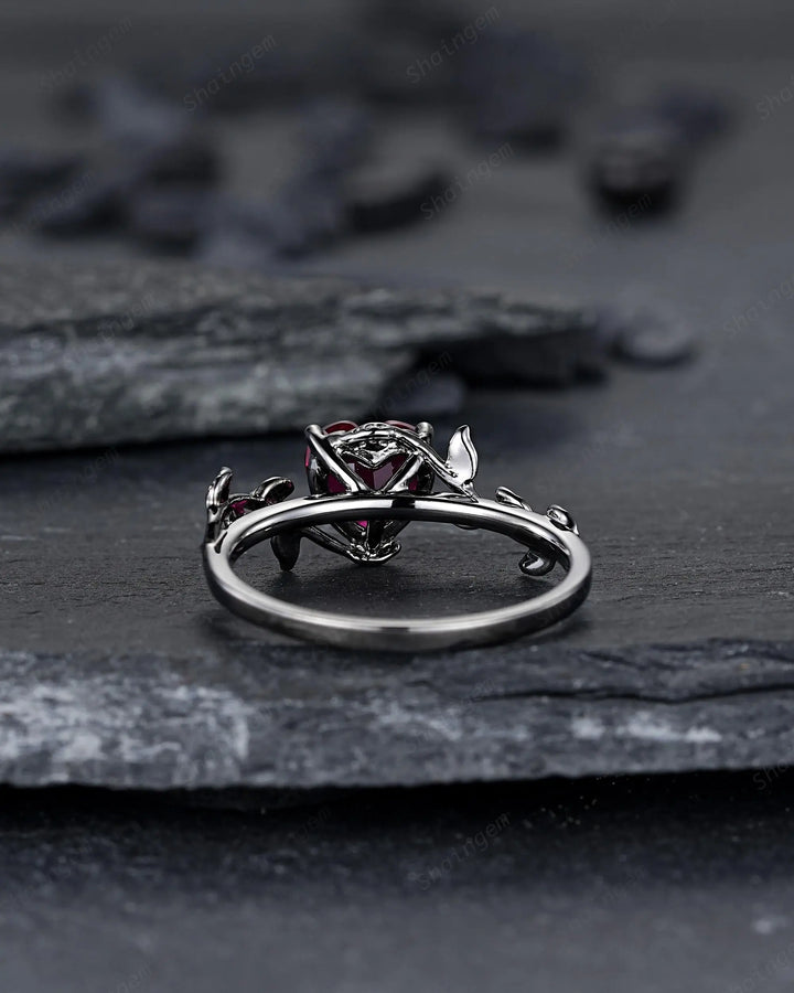 Gothic Heart Shape Ruby Engagement Ring: Dark Black Rhodium Twig Branch Promise Punk Vine Wedding Ring, Solitaire One Stone July Birthstone - ShainJewelry