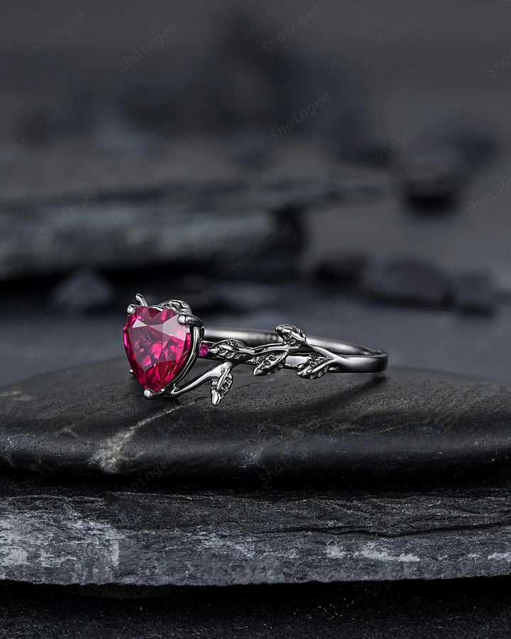 Gothic Heart Shape Ruby Engagement Ring: Dark Black Rhodium Twig Branch Promise Punk Vine Wedding Ring, Solitaire One Stone July Birthstone - ShainJewelry
