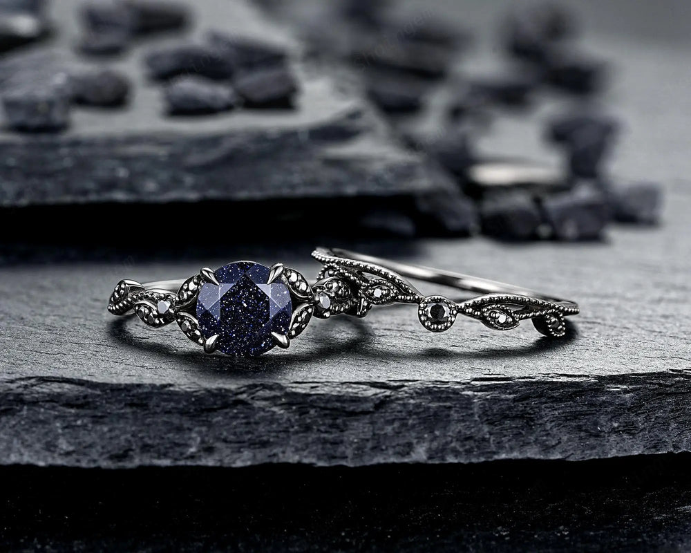 Gothic Round Shape Blue Sandstone Engagement Ring Set, Witchy Black Rhodium Promise Ring, Black Wedding Goth Milgrain Bridal Set for Women - ShainJewelry