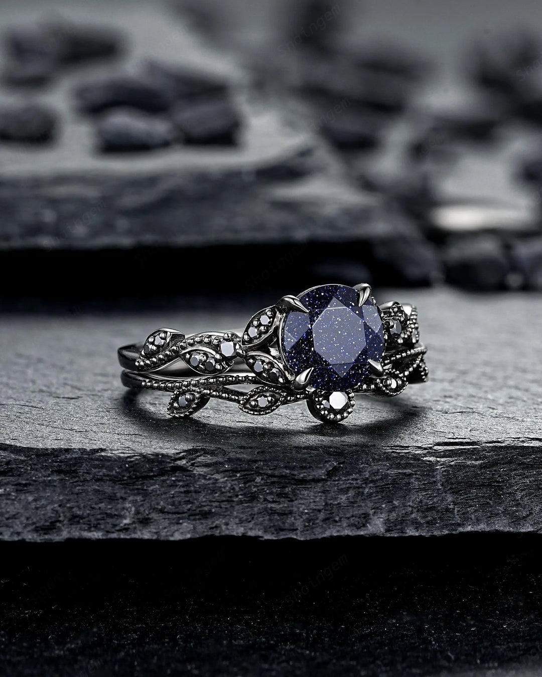 Gothic Round Shape Blue Sandstone Engagement Ring Set, Witchy Black Rhodium Promise Ring, Black Wedding Goth Milgrain Bridal Set for Women - ShainJewelry