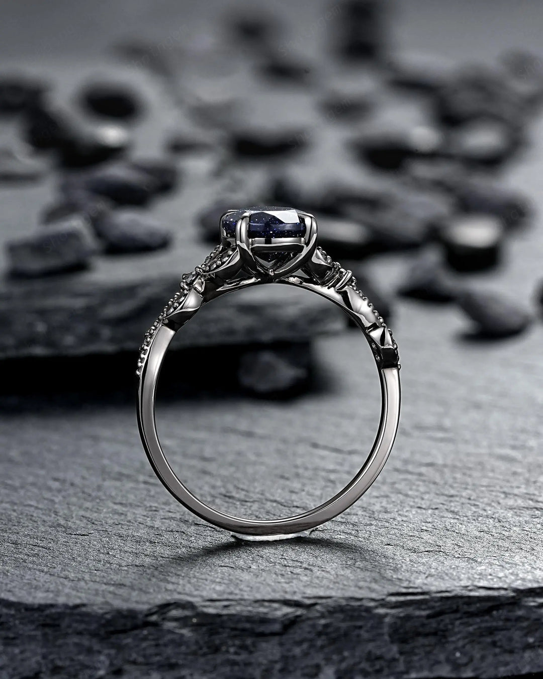 Gothic Round Shape Blue Sandstone Engagement Ring Set, Witchy Black Rhodium Promise Ring, Black Wedding Goth Milgrain Bridal Set for Women - ShainJewelry