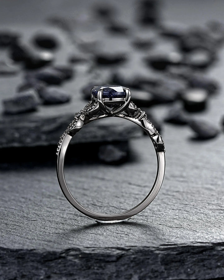 Gothic Round Shape Blue Sandstone Engagement Ring Set, Witchy Black Rhodium Promise Ring, Black Wedding Goth Milgrain Bridal Set for Women - ShainJewelry