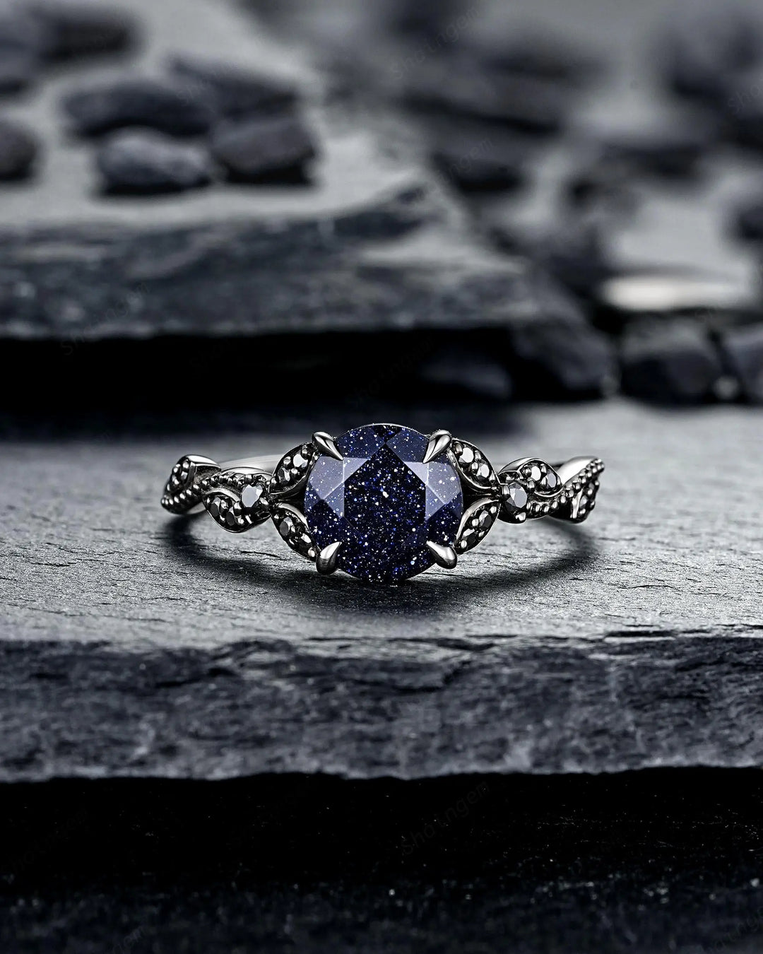 Gothic Round Shape Blue Sandstone Engagement Ring Set, Witchy Black Rhodium Promise Ring, Black Wedding Goth Milgrain Bridal Set for Women - ShainJewelry