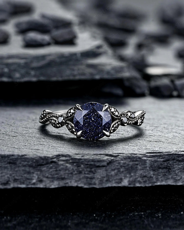Gothic Round Shape Blue Sandstone Engagement Ring Set, Witchy Black Rhodium Promise Ring, Black Wedding Goth Milgrain Bridal Set for Women - ShainJewelry
