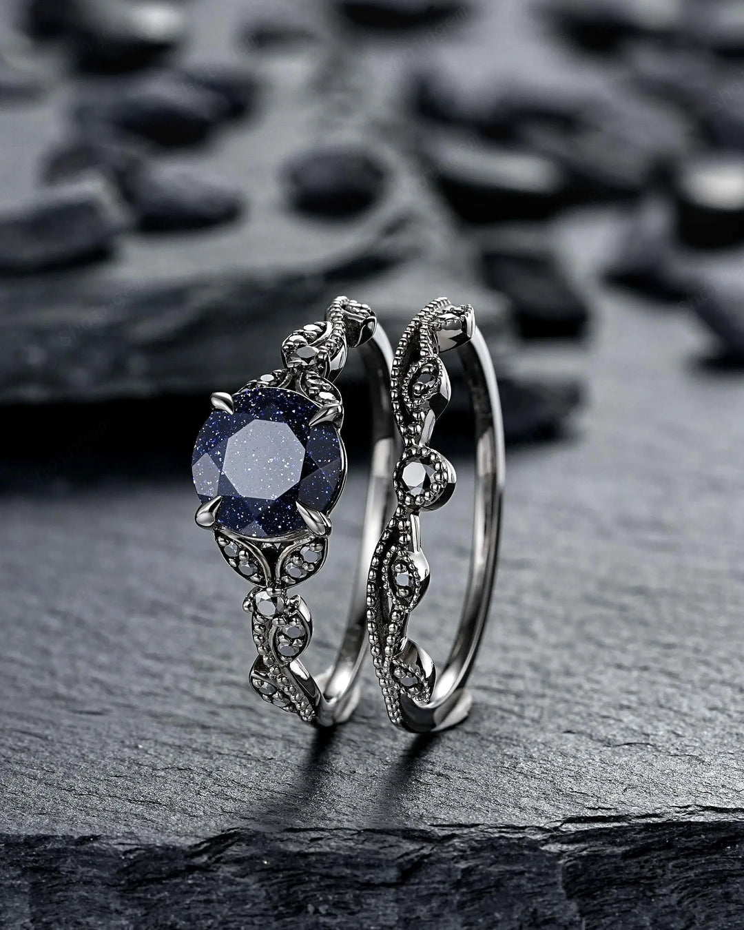 Gothic Round Shape Blue Sandstone Engagement Ring Set, Witchy Black Rhodium Promise Ring, Black Wedding Goth Milgrain Bridal Set for Women - ShainJewelry