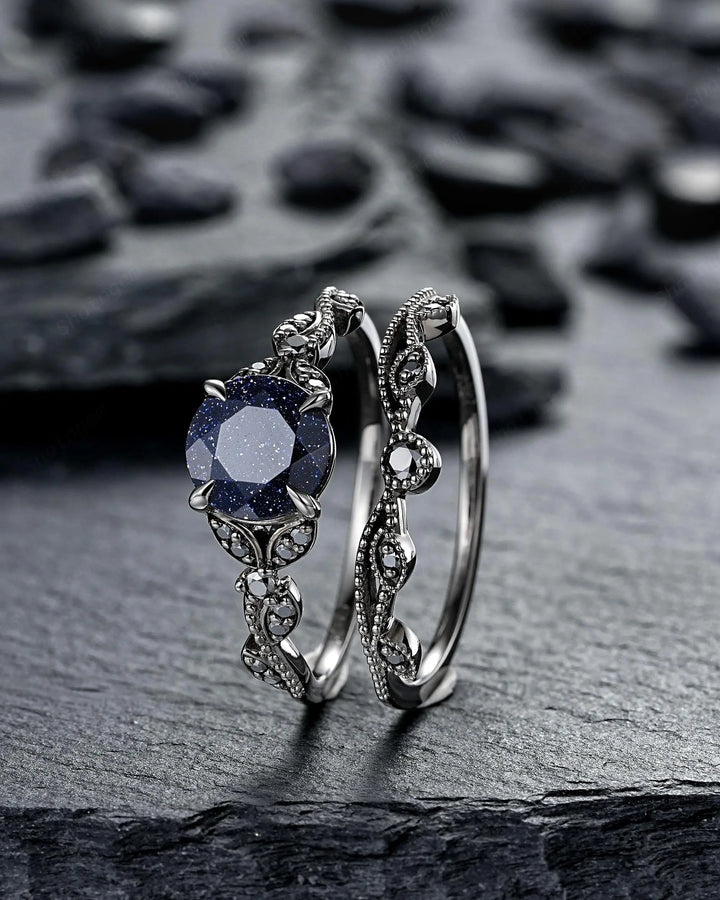 Gothic Round Shape Blue Sandstone Engagement Ring Set, Witchy Black Rhodium Promise Ring, Black Wedding Goth Milgrain Bridal Set for Women - ShainJewelry