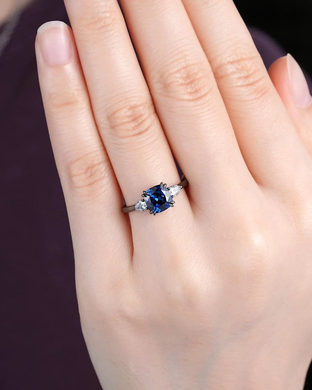 Goth Black Gold Cushion Cut Blue Sapphire Engagement Ring, Rhodium Black Three Stones Promise, Witchy Gothic 3 Stones Wedding Gift for Woman - ShainJewelry
