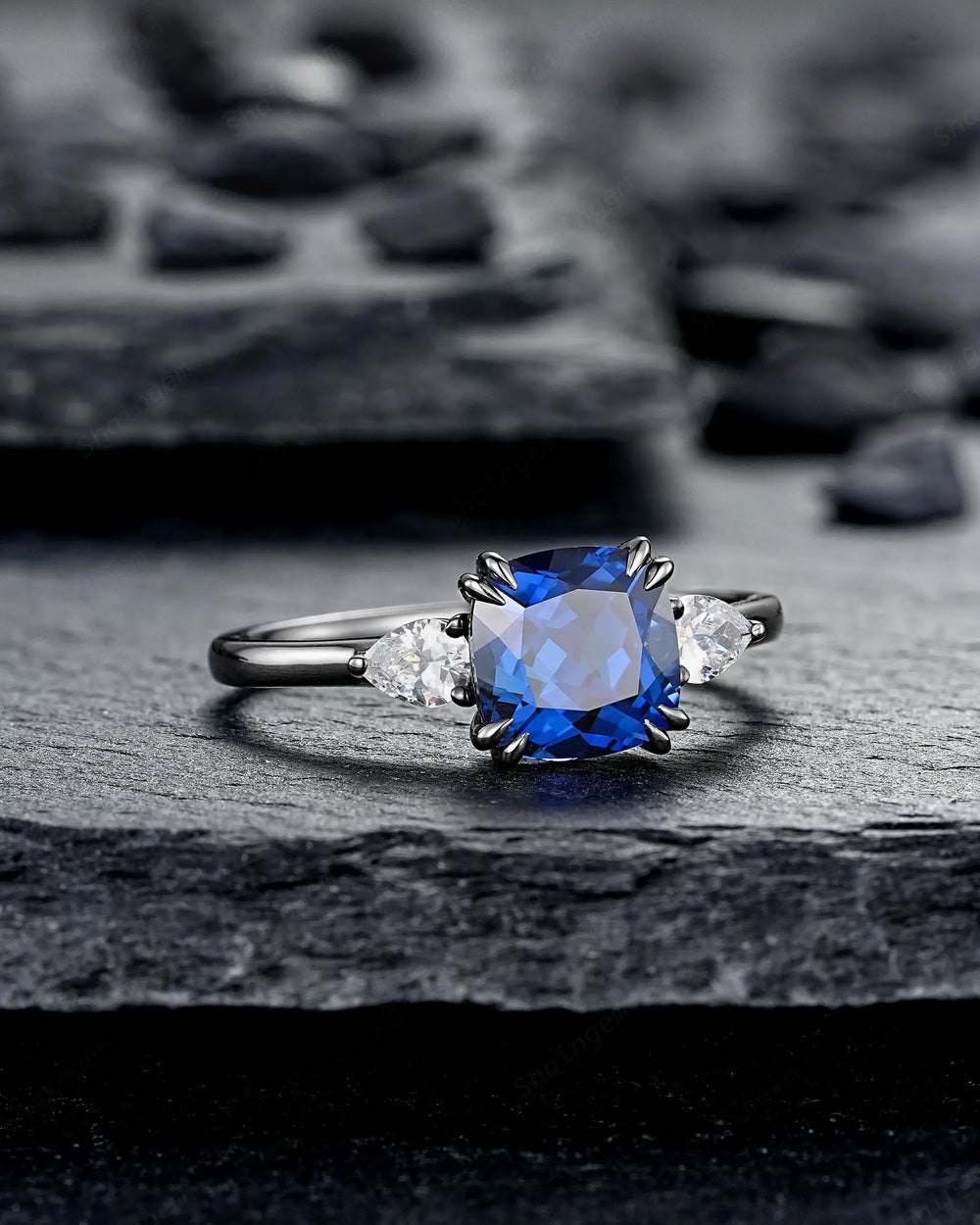 Goth Black Gold Cushion Cut Blue Sapphire Engagement Ring, Rhodium Black Three Stones Promise, Witchy Gothic 3 Stones Wedding Gift for Woman - ShainJewelry