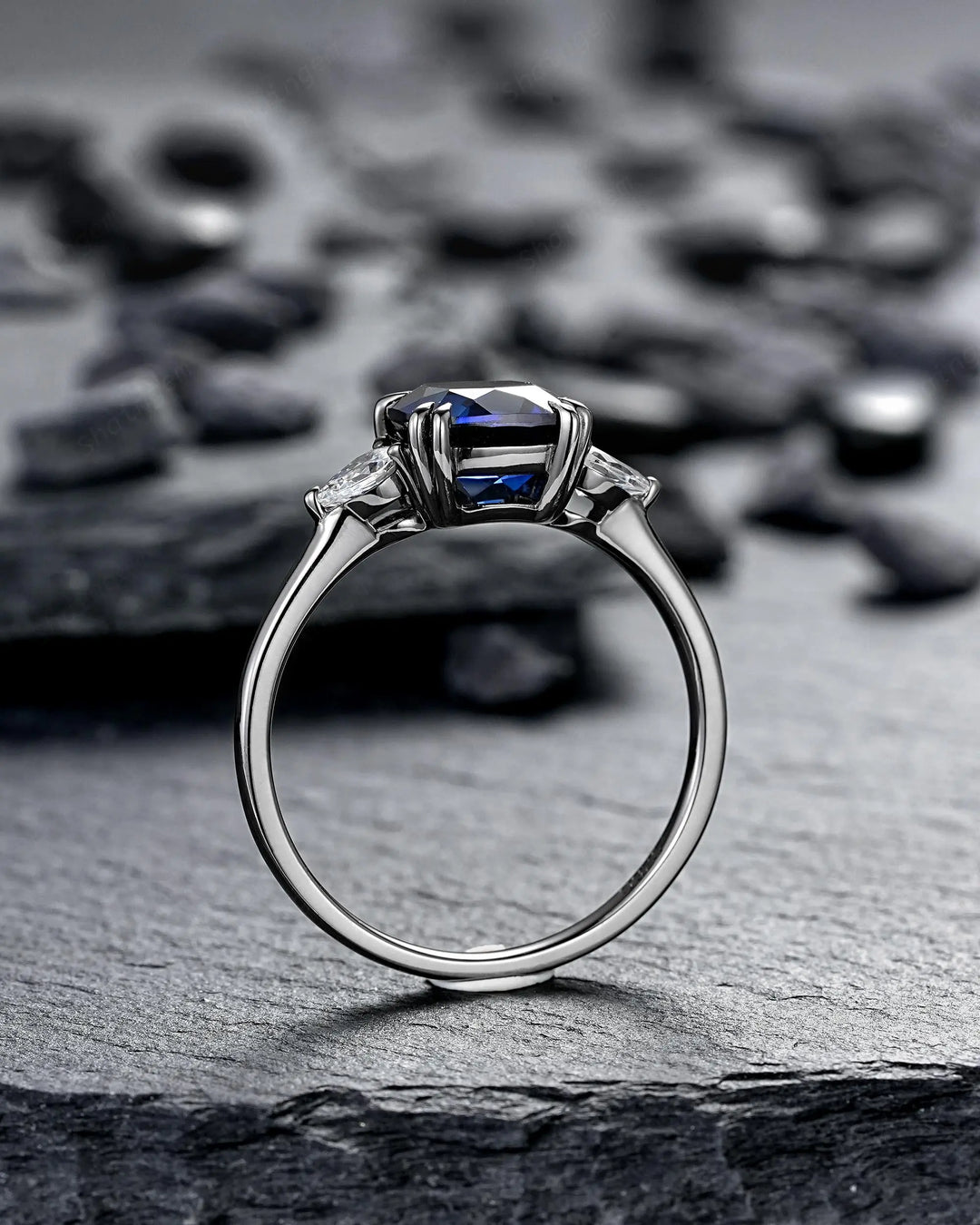 Goth Black Gold Cushion Cut Blue Sapphire Engagement Ring, Rhodium Black Three Stones Promise, Witchy Gothic 3 Stones Wedding Gift for Woman - ShainJewelry
