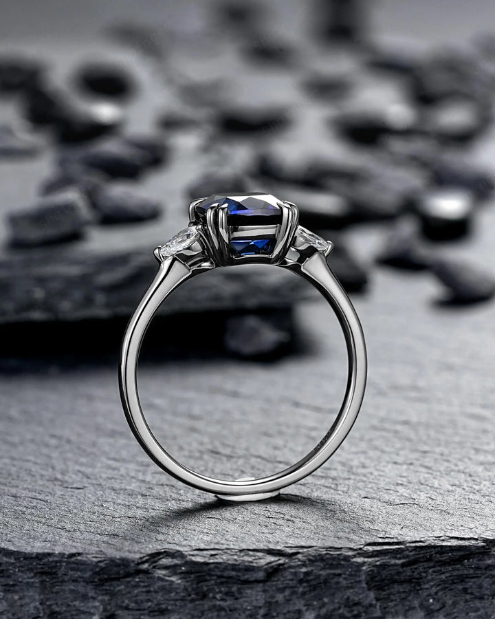 Goth Black Gold Cushion Cut Blue Sapphire Engagement Ring, Rhodium Black Three Stones Promise, Witchy Gothic 3 Stones Wedding Gift for Woman - ShainJewelry