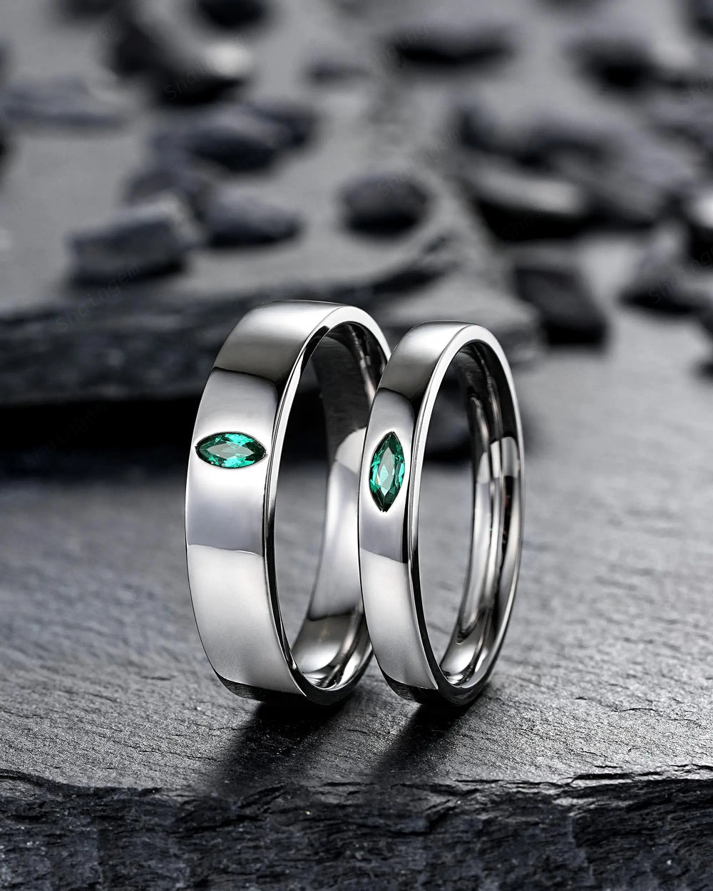 Gothic His and Hers Marquise Emerald Solitaire Couple Ring Set, Full Bezel Black Rhodium Matching Wedding Band Promise Engagement Rings - ShainJewelry