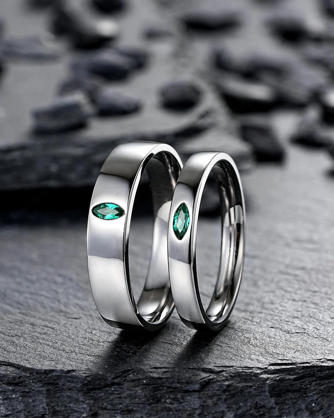 Gothic His and Hers Marquise Emerald Solitaire Couple Ring Set, Full Bezel Black Rhodium Matching Wedding Band Promise Engagement Rings - ShainJewelry