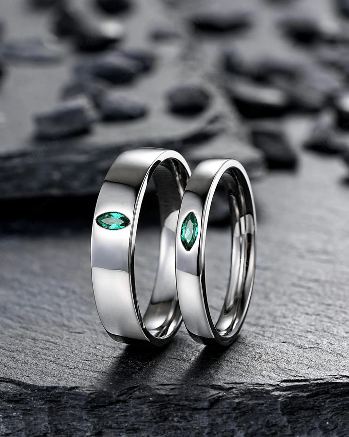 Gothic His and Hers Marquise Emerald Solitaire Couple Ring Set, Full Bezel Black Rhodium Matching Wedding Band Promise Engagement Rings - ShainJewelry