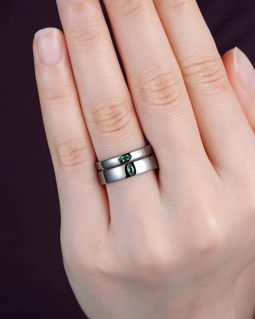 Gothic His and Hers Marquise Emerald Solitaire Couple Ring Set, Full Bezel Black Rhodium Matching Wedding Band Promise Engagement Rings - ShainJewelry
