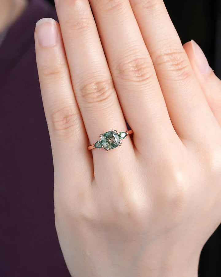 Three Stones Cushion Cut Moss Agate Engagement Ring, Rose Gold 3 Stone Promise Wedding Anniversary Gift, Silver 925 Double Prongs, 8 Prongs - ShainJewelry
