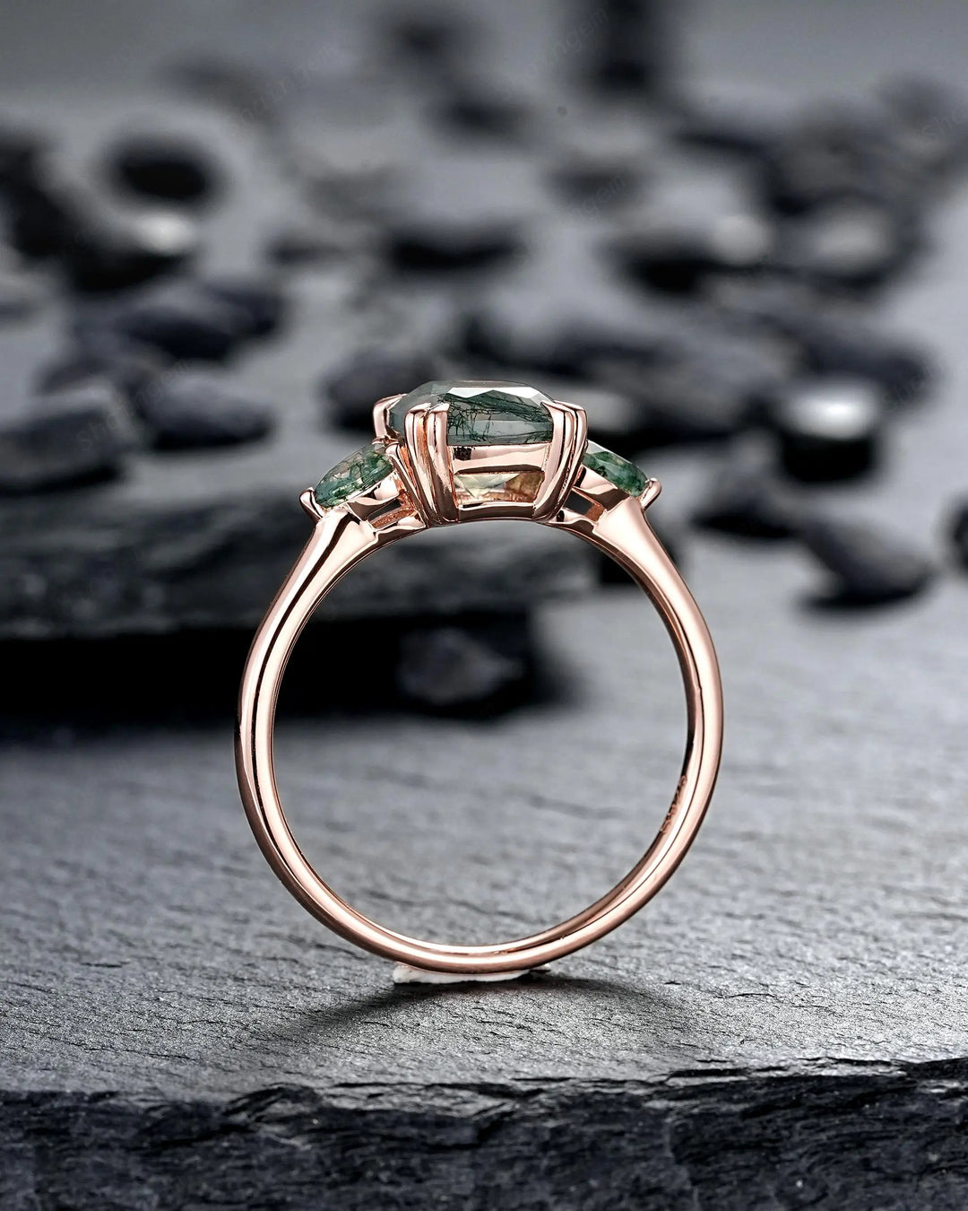 Three Stones Cushion Cut Moss Agate Engagement Ring, Rose Gold 3 Stone Promise Wedding Anniversary Gift, Silver 925 Double Prongs, 8 Prongs - ShainJewelry