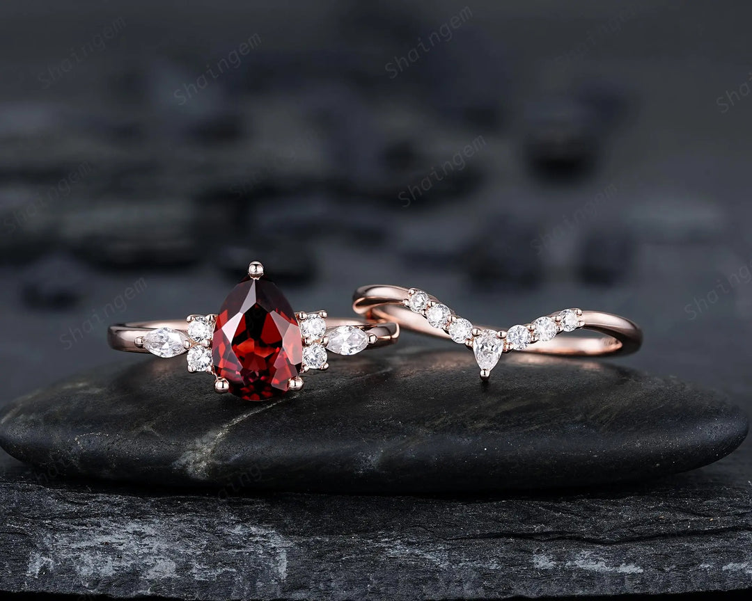 Vintage Pear Shape Natural Garnet Engagement Ring Set, Rose Gold Promise Bridal Set, Silver 925 Wedding Anniversary Gift, Platinum Diamond - ShainJewelry
