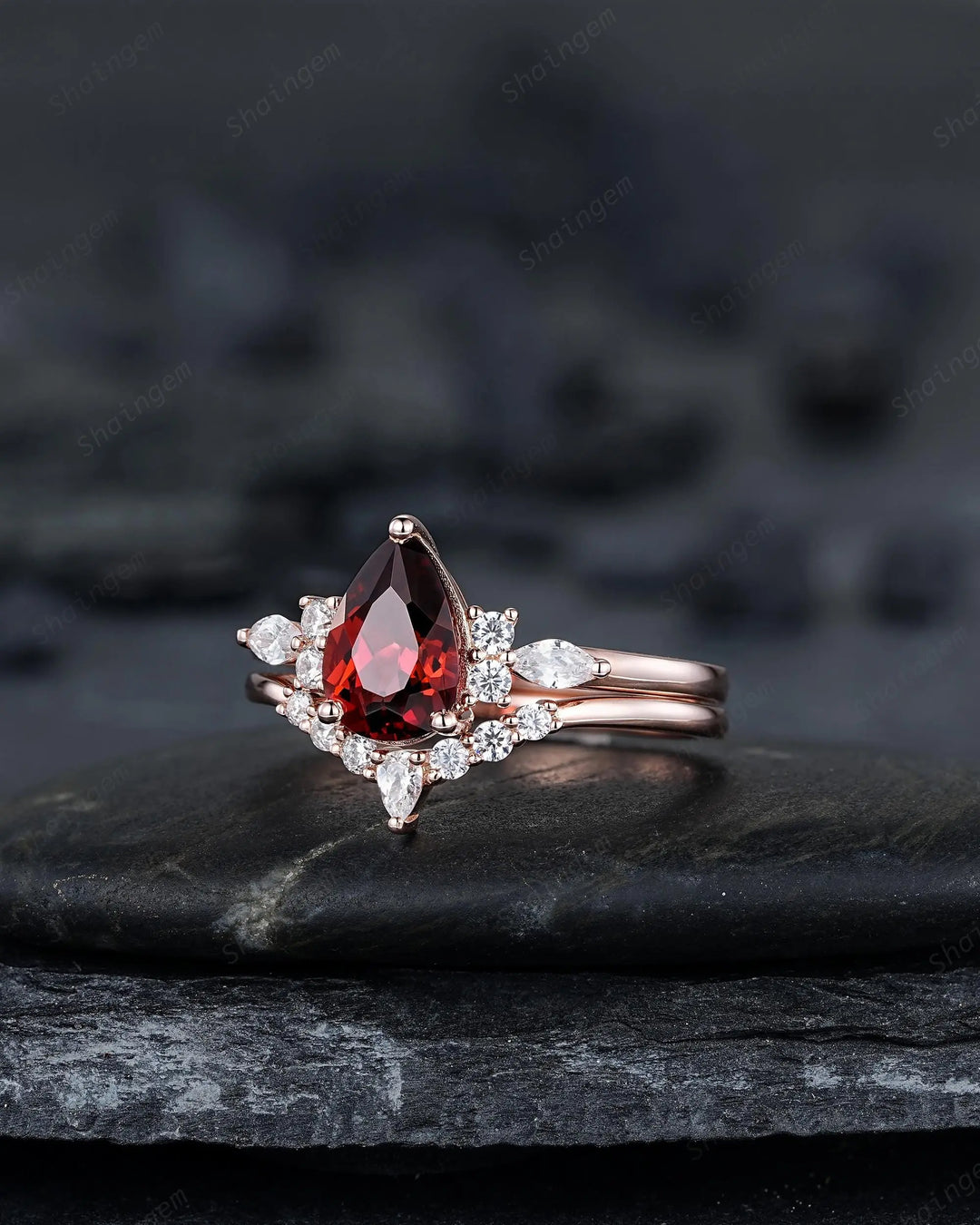 Vintage Pear Shape Natural Garnet Engagement Ring Set, Rose Gold Promise Bridal Set, Silver 925 Wedding Anniversary Gift, Platinum Diamond - ShainJewelry