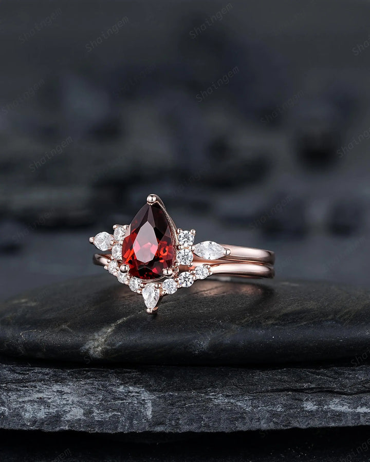 Vintage Pear Shape Natural Garnet Engagement Ring Set, Rose Gold Promise Bridal Set, Silver 925 Wedding Anniversary Gift, Platinum Diamond - ShainJewelry