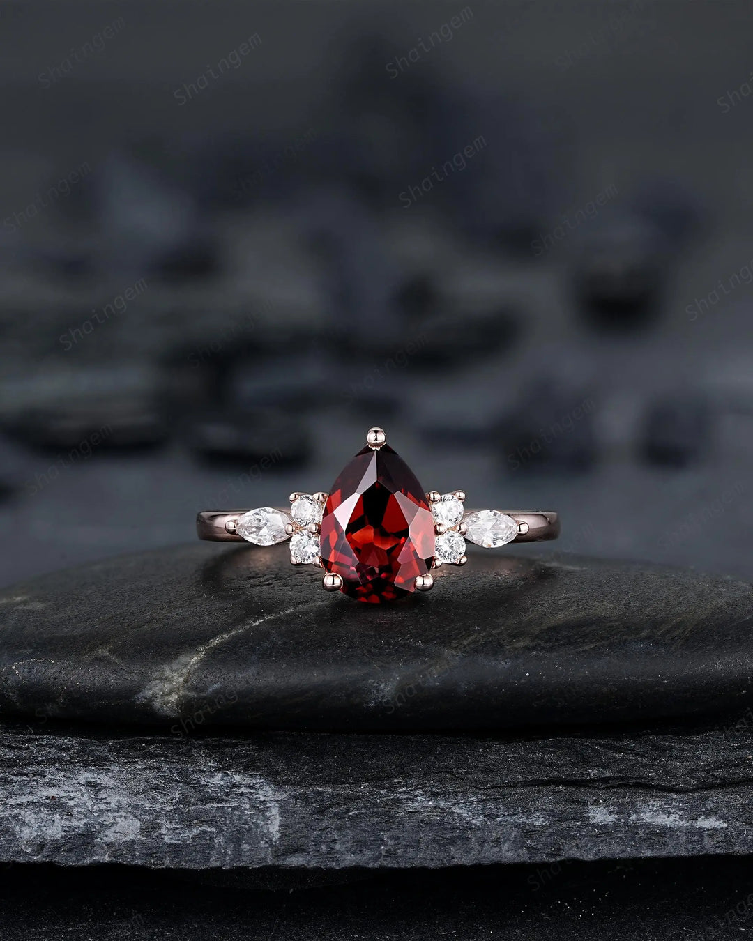 Vintage Pear Shape Natural Garnet Engagement Ring Set, Rose Gold Promise Bridal Set, Silver 925 Wedding Anniversary Gift, Platinum Diamond - ShainJewelry