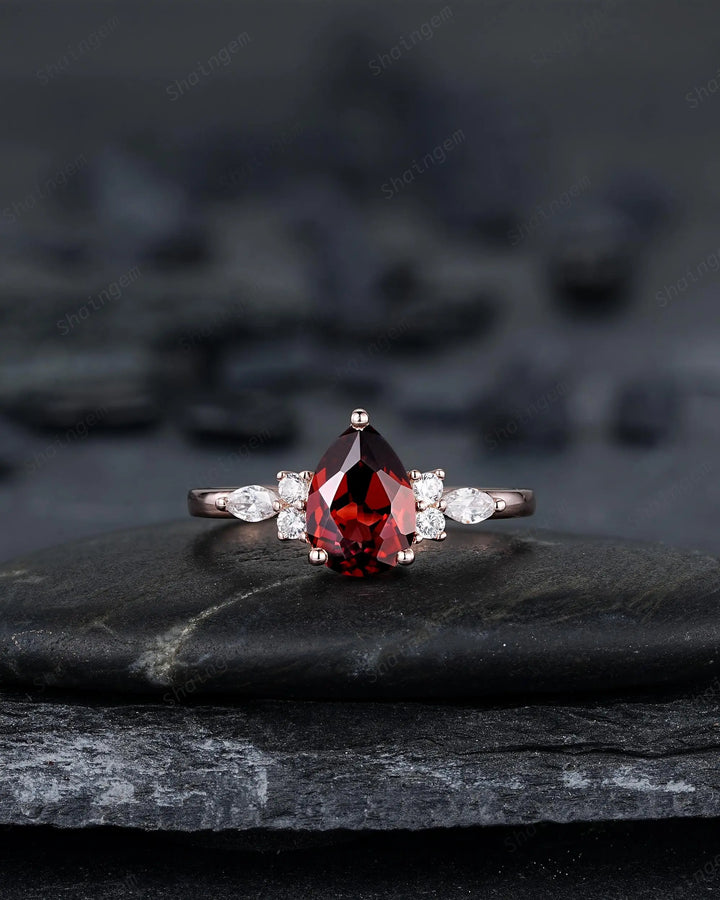 Vintage Pear Shape Natural Garnet Engagement Ring Set, Rose Gold Promise Bridal Set, Silver 925 Wedding Anniversary Gift, Platinum Diamond - ShainJewelry