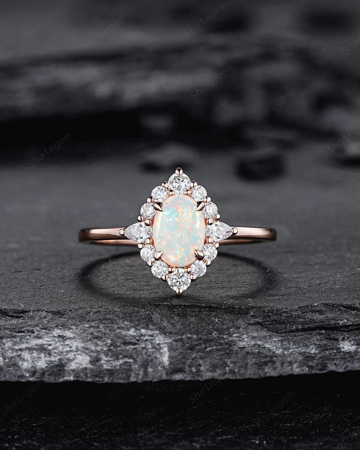 Oval Shape Australia Natural White Opal Diamond Engagement Ring, 14K 18K Rose Gold Floral Halo Promise Ring, Unique Platinum Wedding Ring - ShainJewelry