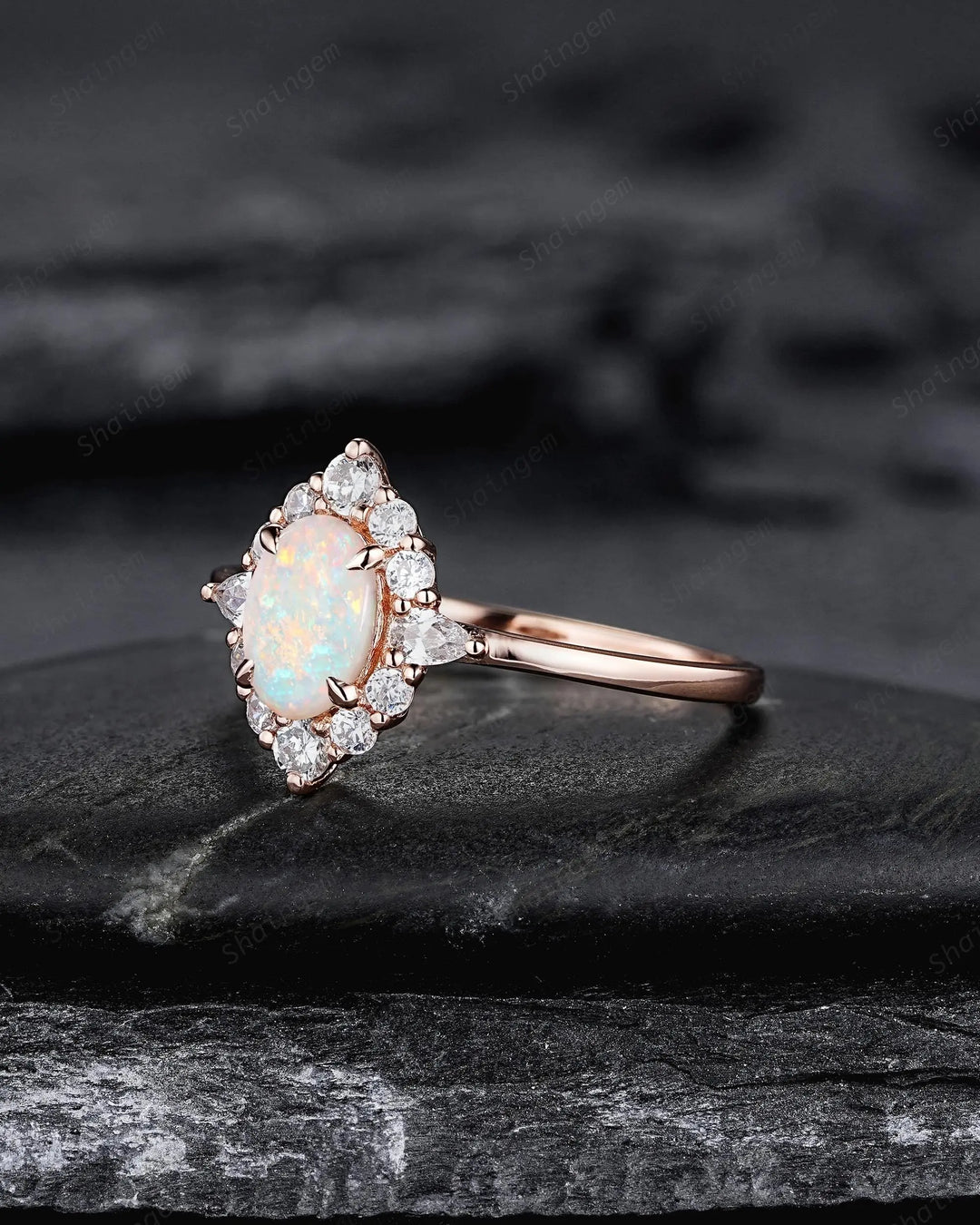Oval Shape Australia Natural White Opal Diamond Engagement Ring, 14K 18K Rose Gold Floral Halo Promise Ring, Unique Platinum Wedding Ring - ShainJewelry