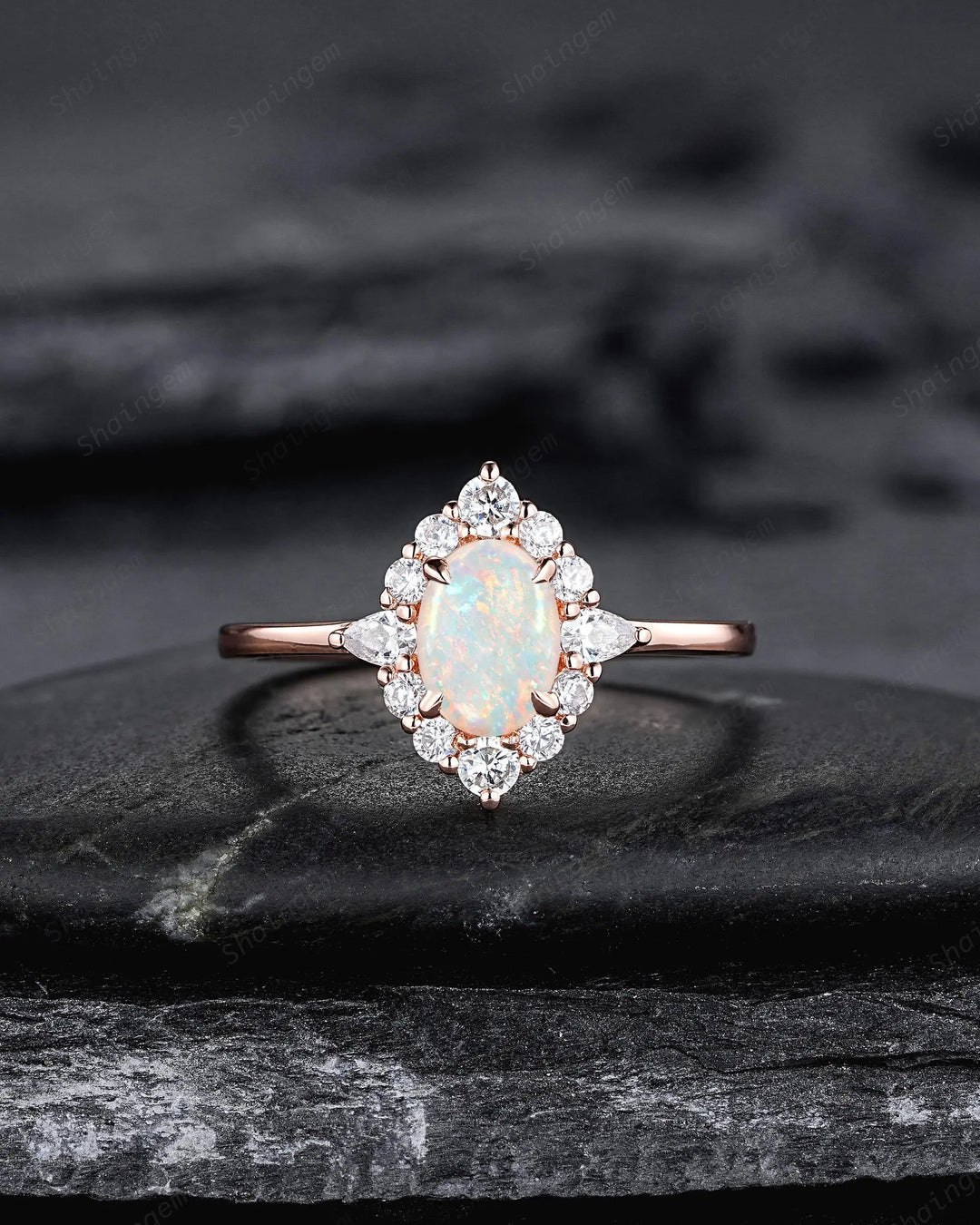 Oval Shape Australia Natural White Opal Diamond Engagement Ring, 14K 18K Rose Gold Floral Halo Promise Ring, Unique Platinum Wedding Ring - ShainJewelry