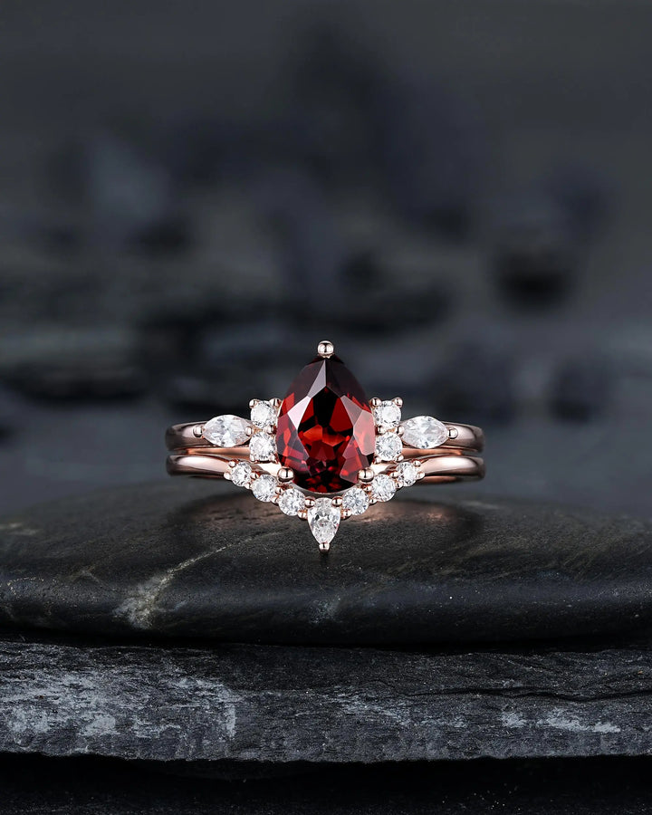 Vintage Pear Shape Natural Garnet Engagement Ring Set, Rose Gold Promise Bridal Set, Silver 925 Wedding Anniversary Gift, Platinum Diamond - ShainJewelry