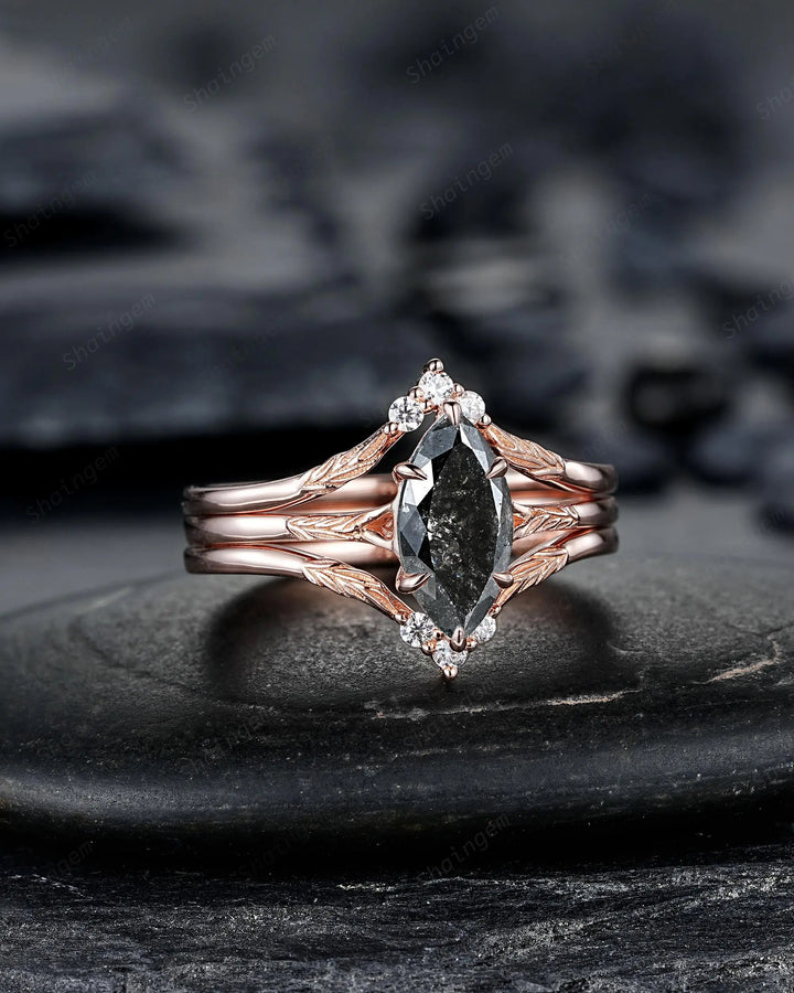 3PCS Marquise Cut Natural Salt and Pepper Diamond Engagement Ring: 14K 18K Rose Gold Wedding, Platinum Nature Inspired Engraved Leaf Promise - ShainJewelry