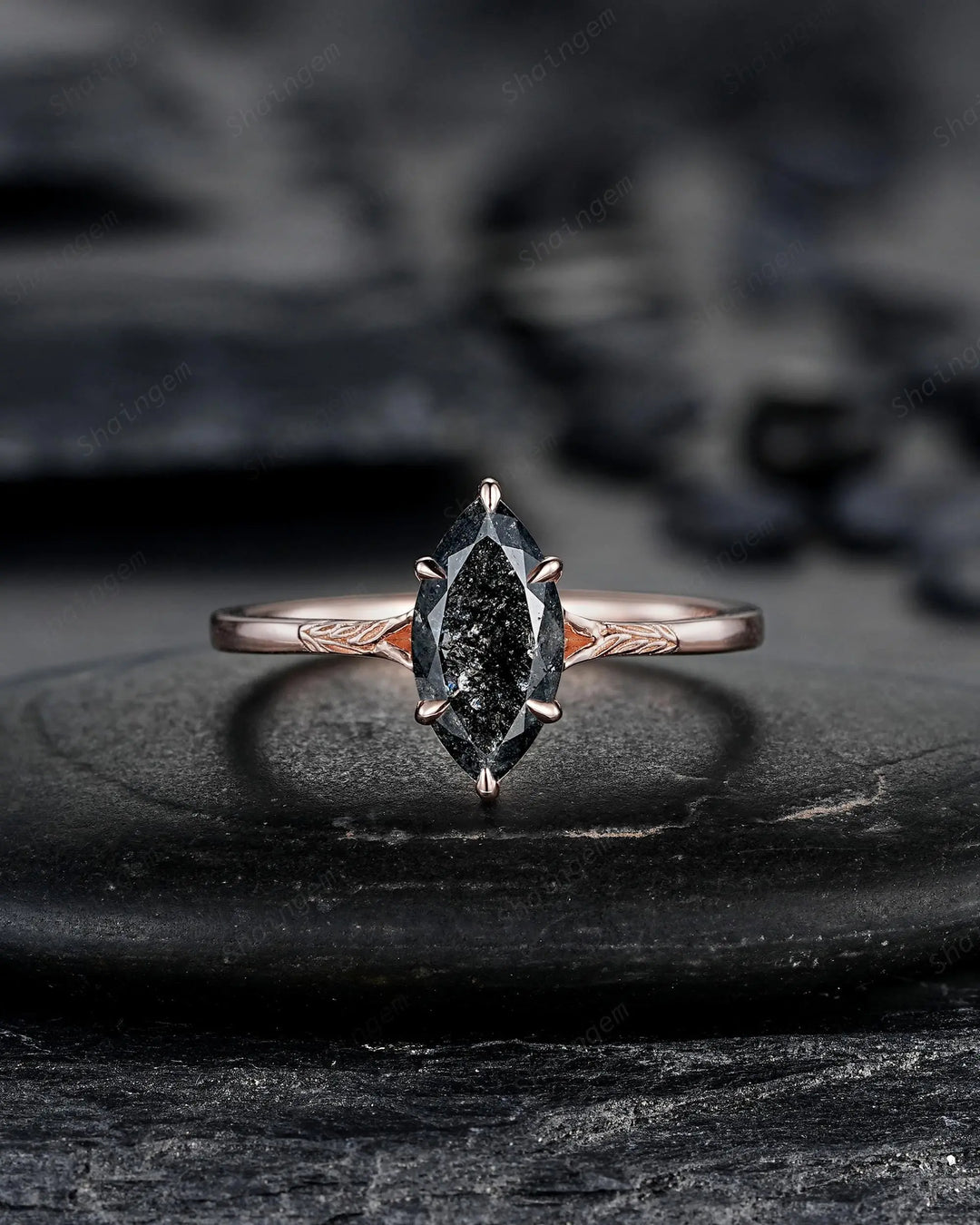3PCS Marquise Cut Natural Salt and Pepper Diamond Engagement Ring: 14K 18K Rose Gold Wedding, Platinum Nature Inspired Engraved Leaf Promise - ShainJewelry