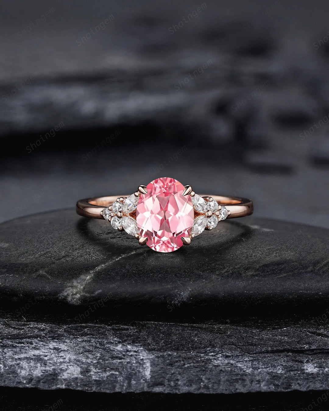 Vintage Oval Shape Pink Sapphire Engagement Ring Set, 10K 14K 18K Rose Gold Promise Silver 925 Wedding Anniversary Gift, Platinum Diamond - ShainJewelry