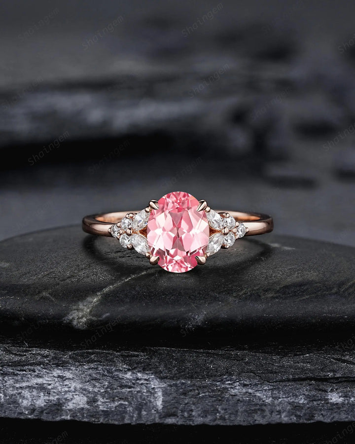 Vintage Oval Shape Pink Sapphire Engagement Ring Set, 10K 14K 18K Rose Gold Promise Silver 925 Wedding Anniversary Gift, Platinum Diamond - ShainJewelry