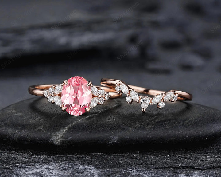 Vintage Oval Shape Pink Sapphire Engagement Ring Set, 10K 14K 18K Rose Gold Promise Silver 925 Wedding Anniversary Gift, Platinum Diamond - ShainJewelry