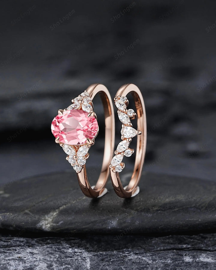 Vintage Oval Shape Pink Sapphire Engagement Ring Set, 10K 14K 18K Rose Gold Promise Silver 925 Wedding Anniversary Gift, Platinum Diamond - ShainJewelry