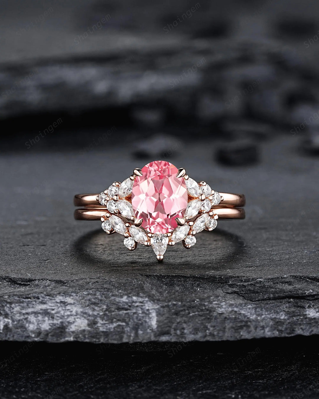 Vintage Oval Shape Pink Sapphire Engagement Ring Set, 10K 14K 18K Rose Gold Promise Silver 925 Wedding Anniversary Gift, Platinum Diamond - ShainJewelry