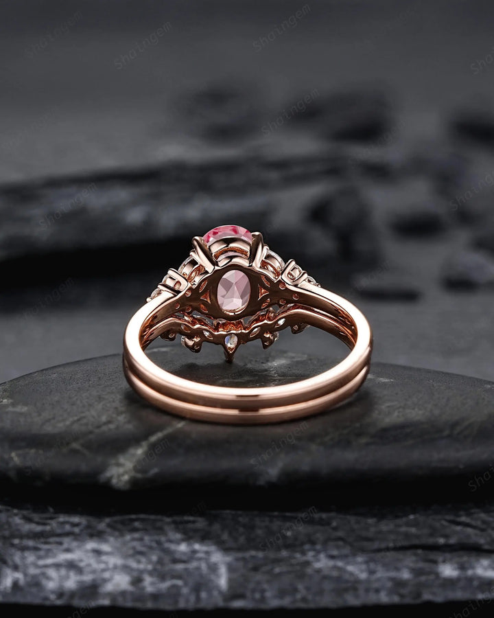 Vintage Oval Shape Pink Sapphire Engagement Ring Set, 10K 14K 18K Rose Gold Promise Silver 925 Wedding Anniversary Gift, Platinum Diamond - ShainJewelry