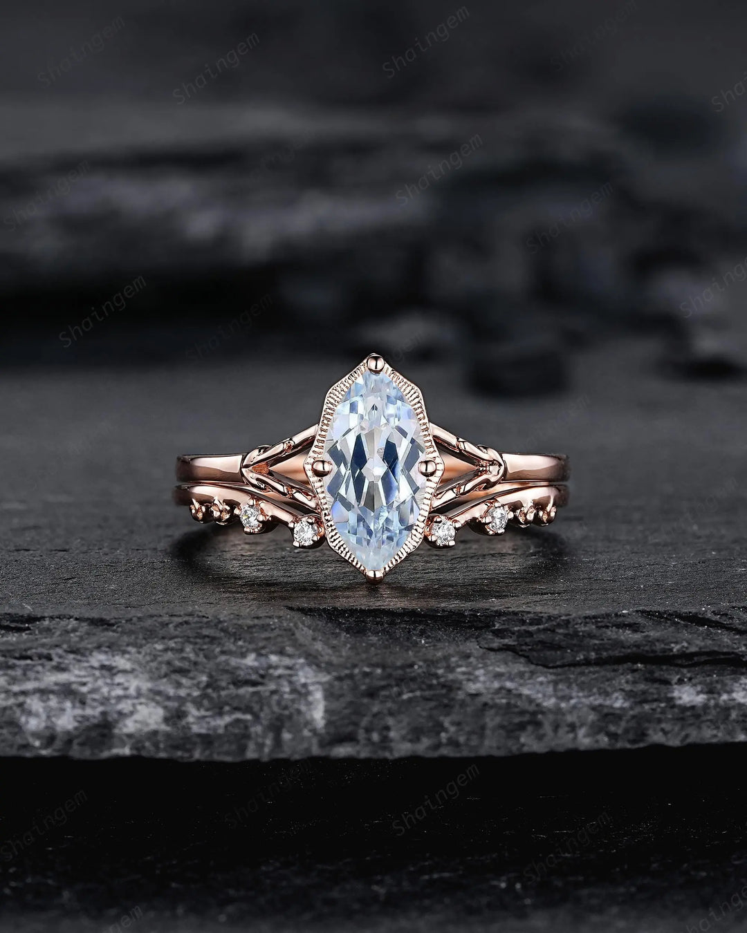 Marquise Cut Natural Blue Aquamarine Promise Ring Set, Open Gap Wedding Band, Spilt Shank Rose Gold Nature Inspired Leaf Milgrain Promise - ShainJewelry