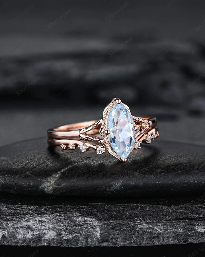 Marquise Cut Natural Blue Aquamarine Promise Ring Set, Open Gap Wedding Band, Spilt Shank Rose Gold Nature Inspired Leaf Milgrain Promise - ShainJewelry