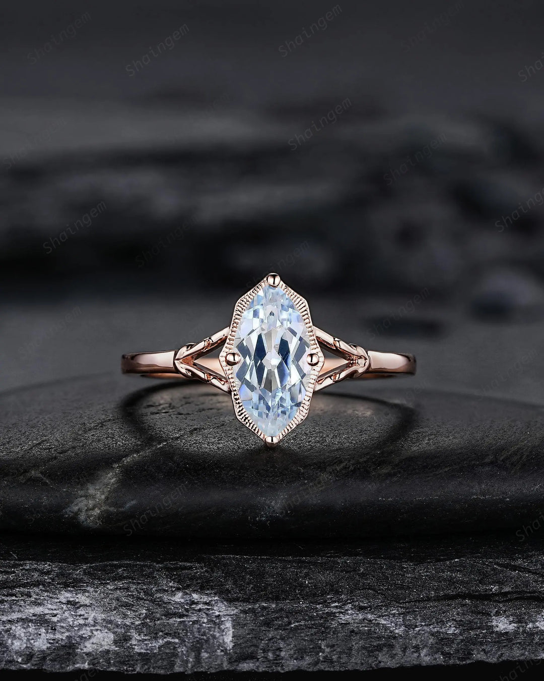 Marquise Cut Natural Blue Aquamarine Promise Ring Set, Open Gap Wedding Band, Spilt Shank Rose Gold Nature Inspired Leaf Milgrain Promise - ShainJewelry