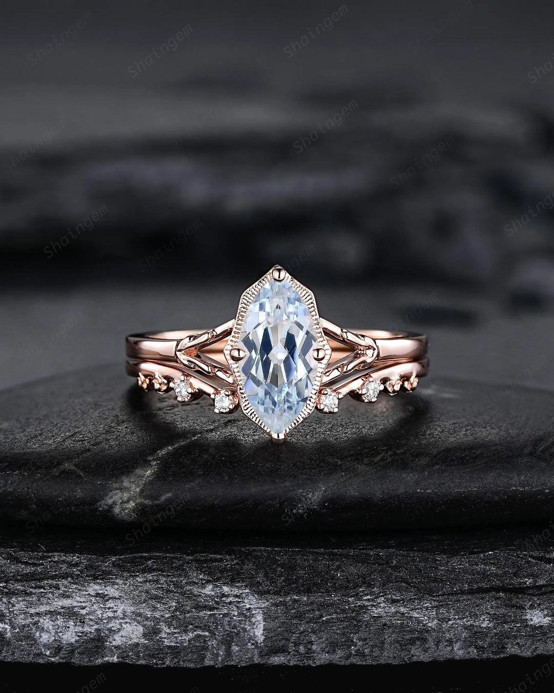 Marquise Cut Natural Blue Aquamarine Promise Ring Set, Open Gap Wedding Band, Spilt Shank Rose Gold Nature Inspired Leaf Milgrain Promise - ShainJewelry