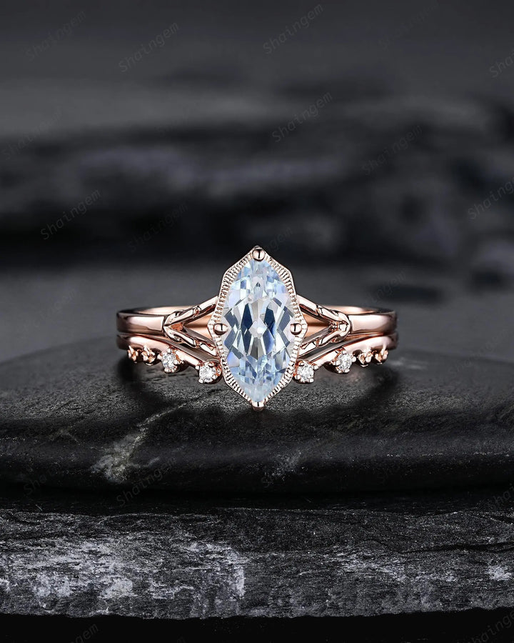 Marquise Cut Natural Blue Aquamarine Promise Ring Set, Open Gap Wedding Band, Spilt Shank Rose Gold Nature Inspired Leaf Milgrain Promise - ShainJewelry